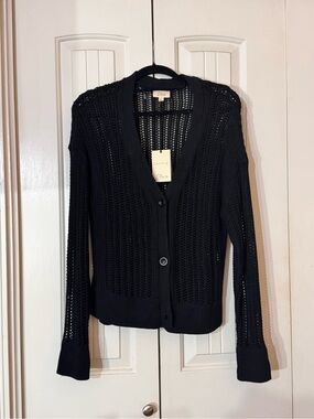Elan Black Open-Knit Button Front Cardigan